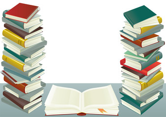 book stack and open book on the gray table