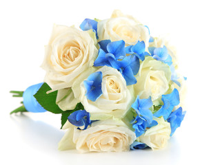 Beautiful wedding bouquet with roses, isolated on white
