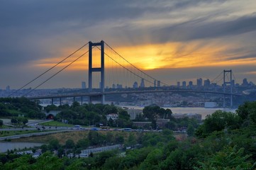 Fototapeta na wymiar Bosphorus Bridge sunset behind the trees