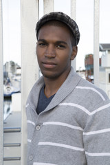 Handsome African American male model outdoor portrait not smilin