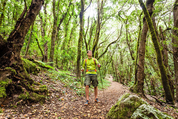 Obraz premium Hiker walking trekking in green forest