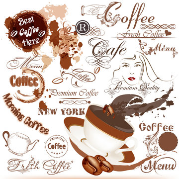 Grunge coffee labels, signatures and elements set