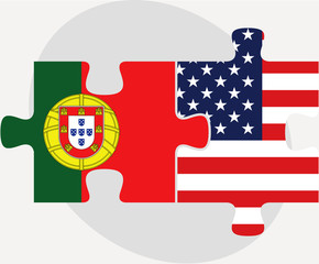 Portuguese and USA Flags in puzzle isolated on white background