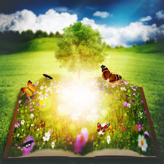 Open book with Tree of Knowledge, abstract environmental backgro