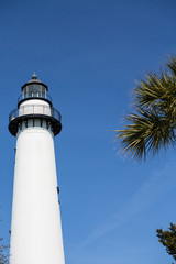 Fototapeta na wymiar White Lighthouse and Palm Fronds