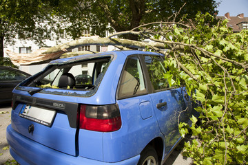 Auto mit Glasschaden und Karosserieschaden nach Sturm Orkan