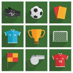 Soccer icons vector clipart football set on green sqaures isolated on white
