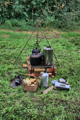 Old fashioned pots and pans on a fire