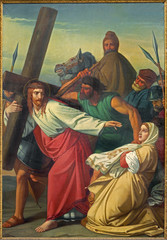 Leuven - Paint of scene Jesus and Veronica on the cross way.