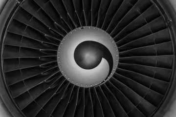 Turbofan jet engine close up. Black and white