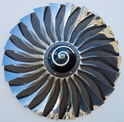 The blades of a turbofan jet engine close up.