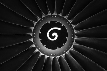 Turbofan jet engine close up. Black and white