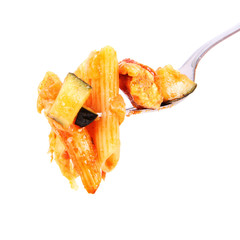 Casserole: penne, chicken, cheese, courgette, on a fork