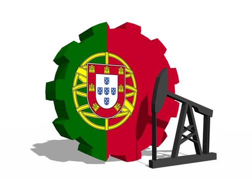 portugal flag on gear,derrick near as symbol oil minig country