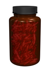 Red bottle with soft gel capsules/pills - 3D Render on white background..With clipping path.