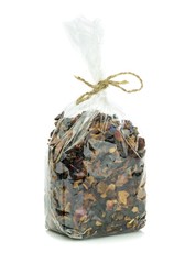A bag of fresh tea leaves on a white background