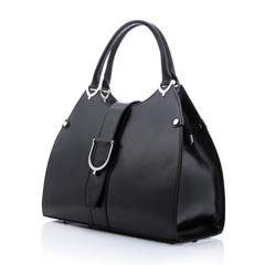 Black handbag on white background