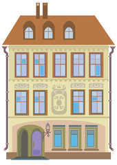 Old house with a cafe on the ground floor isolated on white back