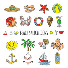 Vector hand drawn beach icons and summer objects