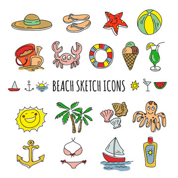 Vector hand drawn beach icons and summer objects