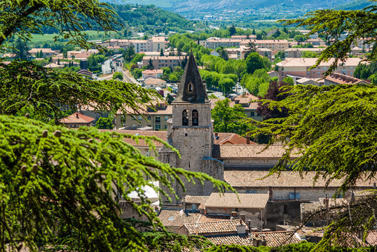 View over church and other buildings in France.
