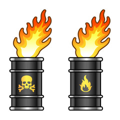 Metal oil barrels in flame with danger signs