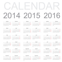 Simple Calendar year 2014, 2015, 2016, vector