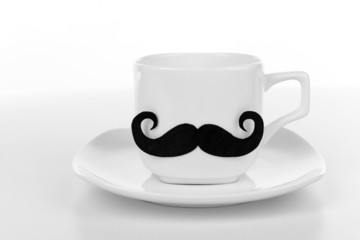 Cup with mustache isolated on white