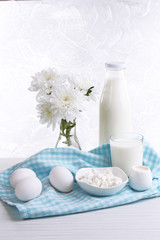 Fototapeta na wymiar Tasty dairy products on wooden table