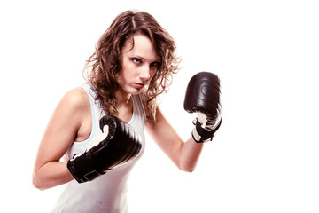 Sport boxer woman in gloves. Fitness girl training kick boxing