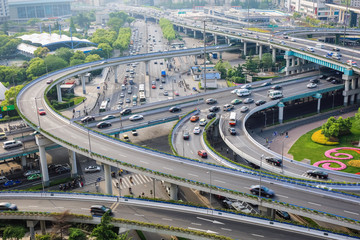 closeup of the city interchange in the early morning rush hour