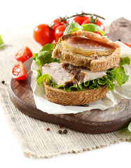 Delicious sandwiches with meet isolated on white