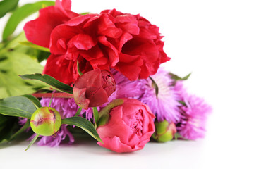 Beautiful peonies and cornflowers isolated on white