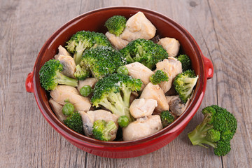 bowl of chicken, broccoli and mushroom sauce