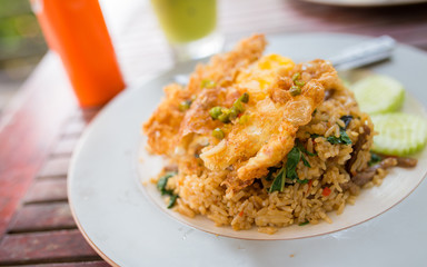 Basil Beef Fried Rice Topped with a fried egg