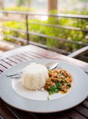 Basil Beef Fried Rice Topped with a fried egg