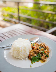 Basil Beef Fried Rice Topped with a fried egg