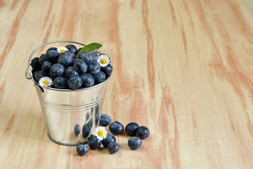 Blueberries in a bucket with daisy flowers