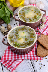 Delicious green soup with sorrel on table close-up