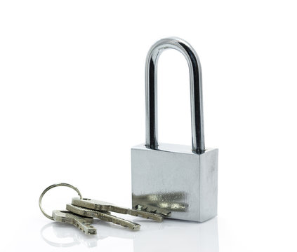 Padlock with three keys on white background