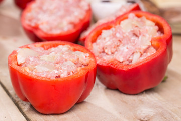 Stuffed red pepper with meat mushrooms and onion
