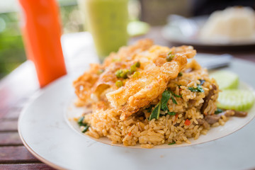 Basil Beef Fried Rice Topped with a fried egg