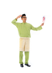 cheerful malay male with malaysian flag full body isolated on wh