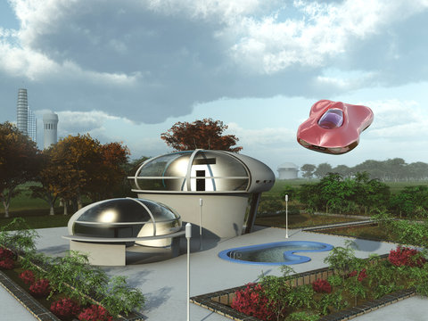 Casa suburbana futurista y coche a&eacute;reo