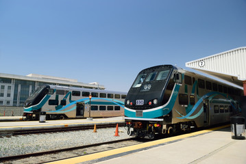 Modern double-decker train at the station in Los Angeles. USA
