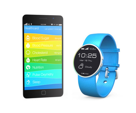 Smartwatch and smartphone which showing healthcare app