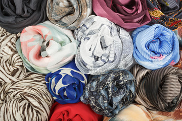 Fototapeta na wymiar The set of silk scarves associated rose