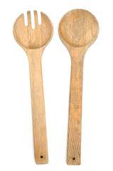Wood spoons and fork on white background