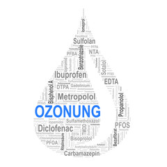 Word Cloud mit Spurenstoffen in Form eines Wassertropfens