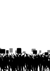 schwarze Silhouette einer Menschenmenge demonstrieren mit Schildern in der Hand vor weißem Hintergrund